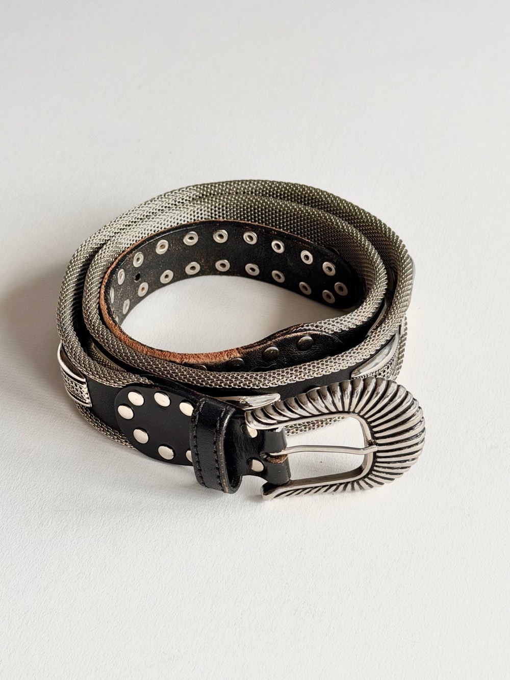 Vintage Western Silver Mesh Studded Black Leather Belt